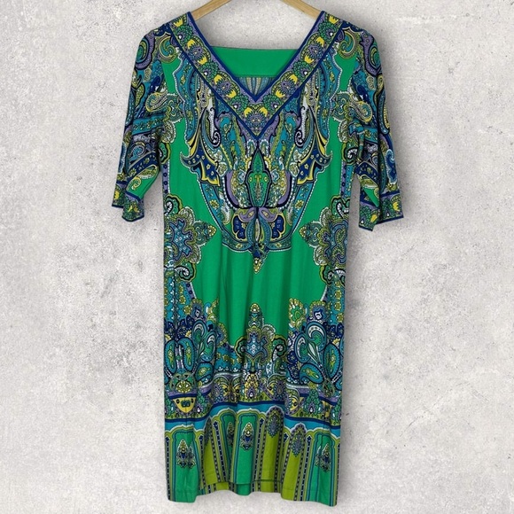 Studio One New York Green‎ Midi Dress Size 6 Stretch Boho Print 3/4 Length Boho - Picture 2 of 11
